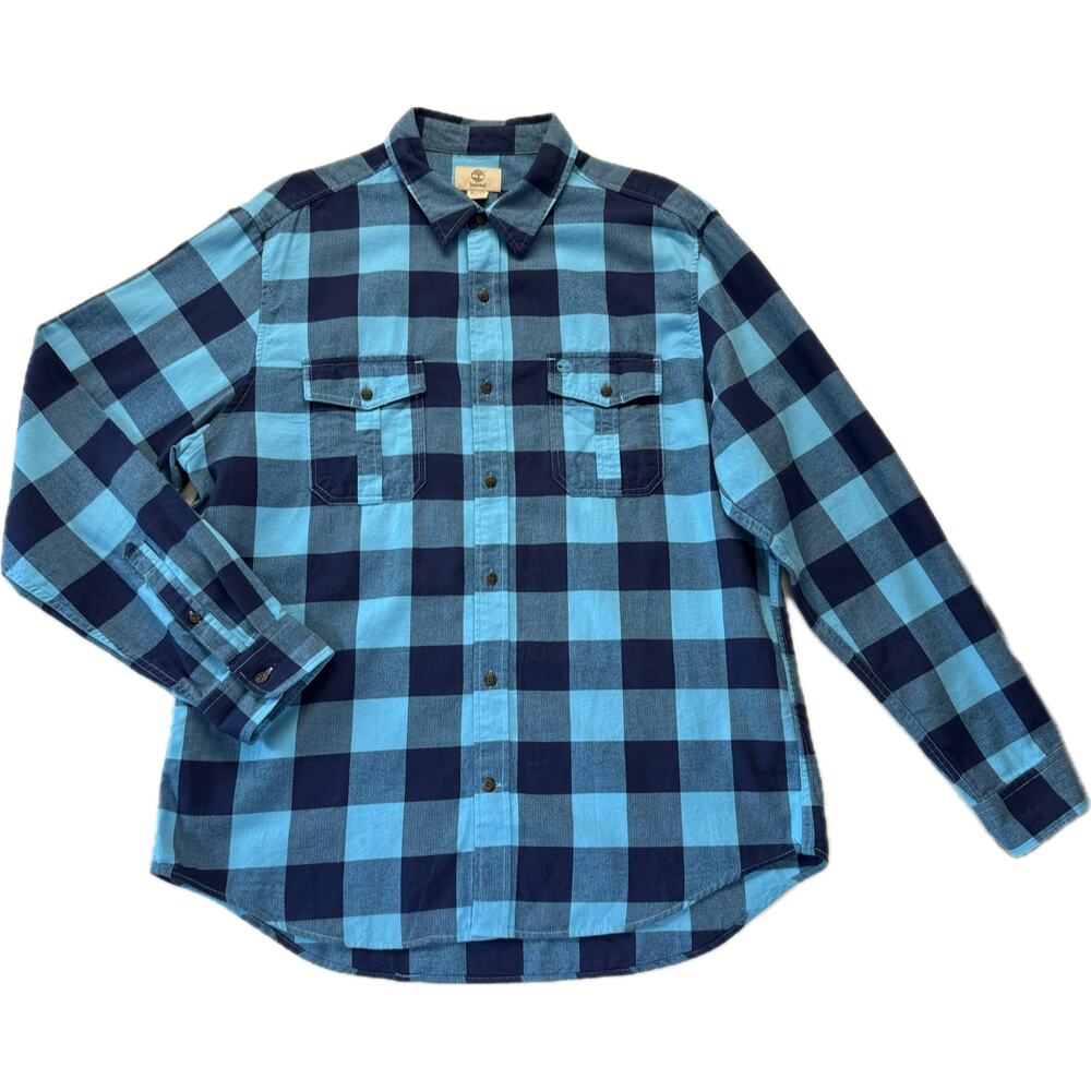 TIMBERLAND Cotton Flannel Button Up Shirt Men's Size XL Regular Aqua Navy Check